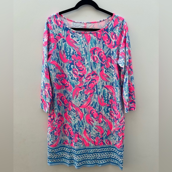 Lilly Pulitzer Blue Pink Lobster Cracked Up Cosmic Coral Marlowe Dress Large - Picture 15 of 16